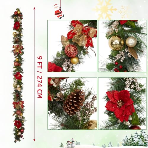 GarveeHome Prelit Christmas Garland for Mantle, 9 Ft Battery Operated Xmas Garland with Lights Red Gold Ball Ornaments Poinsettia Flower for Fireplace Front Door Stairs Railing Indoor Outdoor Decor