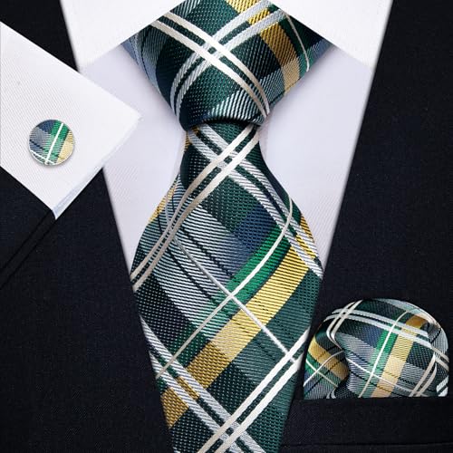 Image of YourTies Striped Plaid Ties for Men Silk Formal Necktie Set | 3.15 inch(8cm) Woven Jacquard Mens Ties with Necktie Pocket Square Cufflink Tie Clip Lapel Pin for Wedding Business Party