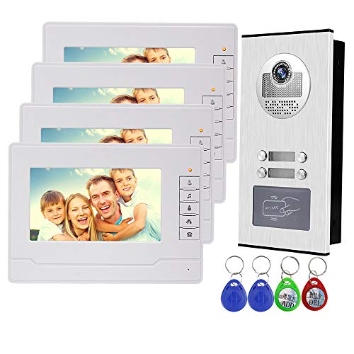 uoweky Wired 7"RFID Video Türklingel Intercom Türsprechanlage 4 Innenmonitore + 700TVL IR Außenkamera Nachtsicht Hochauflösende Unterstützung 500 RFID-Benutzer für mehrere Apartment/Familien Cover