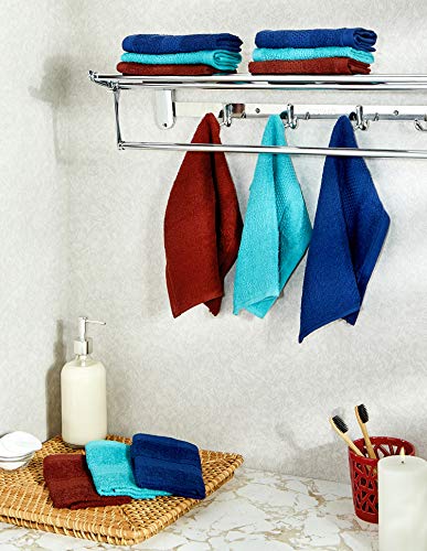 Image of Amazon Brand - Solimo Cotton 12 Piece Face Towel Set, 380 GSM (Baltic Blue, Twilight Blue, Brick Red)