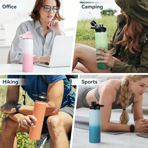 Image of Fijinhom 24 oz Insulated Water Bottle with Handle, 304 Stainless Steel Water Bottles with 2 Lids, Double Wall Vacuum Sports Water Cup with Straw, BPA Free, Keep Cold and Hot, Black