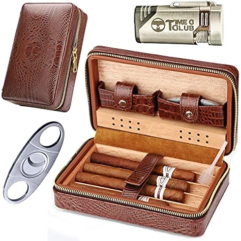 M Time C club 4-Finger Cigar Case, Cigar Humidor Portable Travel Crocodile Skin-Style Burgundy Leather Cigar Case Humidifier Cover