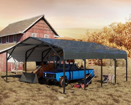 Image of Military-Grade Metal Carport 20x26 FT, Heavy- Duty Galvanized Steel Roof | 2x2 inch Steel Poles with Powder Coating, 15-Gauge Walls,120 PSF Snow Load Roof, Hurricane Resistant, Pickup, Truck, Black