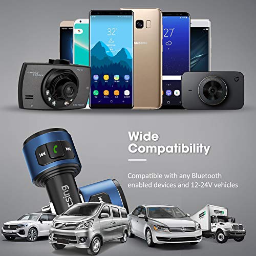 VicTsing (Upgraded Version) V5.0 Bluetooth FM Transmitter for Car, QC3.0 & LED Backlit Wireless Bluetooth FM Radio Adapter Music Player /Car Kit with Hands-Free Calls, Siri Google Assistant-Blue