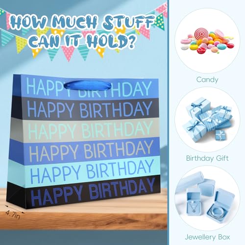 Image of JMANNI Large Happy Birthday Gift Bag with Tissue Papers and Greeting Card,Portable Paper Gift Bags with Handles,Blue Present Bags for Women Men Birthday Party Supplies13 x10.2 inchx4.7 inch(Blue Stripes)