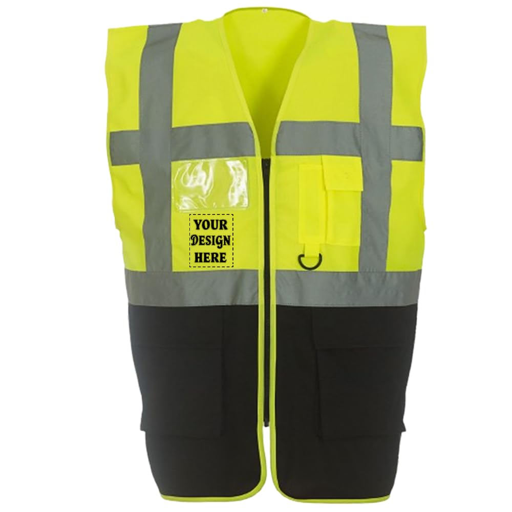 D&T Personalised Hi-Vis Reflective Vest with Zipper and Pockets – High Visibility Safety Waistcoat – Unisex Polyester Workwear (UK, Alpha, XL, Regular, Regular, Hi Vis Yellow/Black)