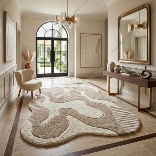 Image of SWEET HOMES Carpet for Hallway, Irregular Handwoven Shaggy Abstract Area Rug | Ultra Soft Plush Anti-Skid. 7 x 7 Feet (213 x 213 cm), Ivory /Beige