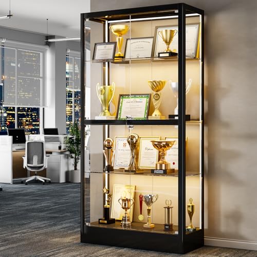 Qxdt 65" H Glass Display Case with Lights,4-Tier Tempered Glass Curio Display Cabinet with 3 Adjustable Shelves,Metal & Glass Case for Display with Lock,Lighted Display Cases for Collectibles,Black