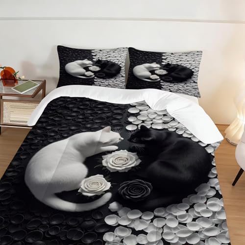 Image of Rose Cat Comforter Set Full Size Cute Black and White Animal Bedding Sets for Girls Boys Kids Adults Bedroom Decor Lover Romantic Quilt 1 Comforter 2 Pillowcases