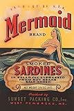 A can label for mermaid brand smoke sardines Made in the USA they were packed in salad oil expressed from soy beans and had salt added The Sunset Packing co of West Pembroke Maine Poster Print by Un