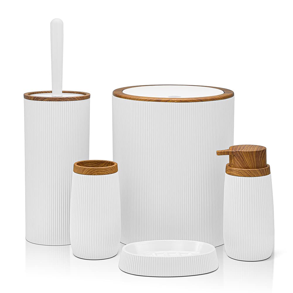 Inbagno Pattumiera 5lt Bianco con Coperchio Basculante Effetto Legno Serie Blob