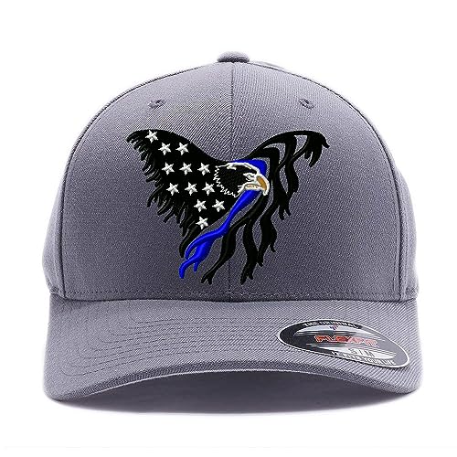Thin Red Line and Thin Blue line Waving USA Flag.v Embroidered, Flex Fitted 6477 Wool Blend Cap hat (L/XL Grey2)