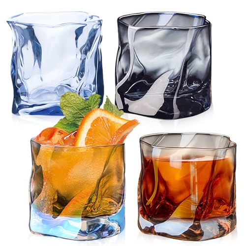 Lot de 4 verres à whisky, en cristal irrégulier, 200 ml, verres à whisky, verres à café glacé, verres à cocktail, verres à eau, thé, café, jus -...