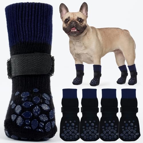 Image of ROZKITCH 2 Pairs Dog Socks Paws Stop Licking, Socks for Injured Paws Double Side Non-Slip Dog Claw Slipper Foot Bandage Paw Protection After Operation on Toe Bichon Frise, French Bulldog Blue M