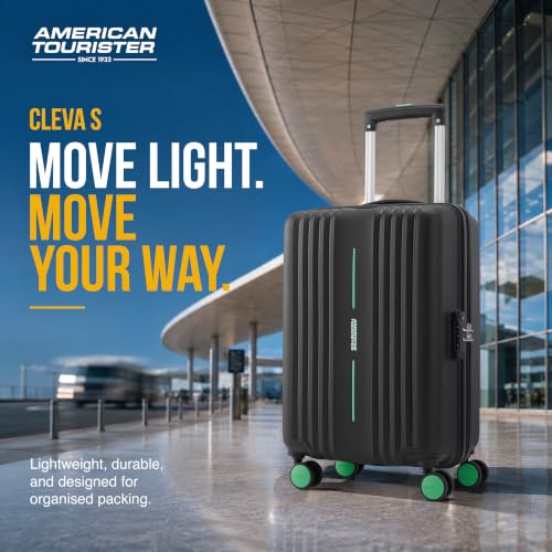 Image of American Tourister Cleva S | Cabin Trolley Bag (55 cm) | 360 8 Wheel Travel Luggage | 2 Compartments | Hard Luggage Polypropylene Suitcase | Mounted TSA Lock | 3 Years Warranty |Black & Aura Green