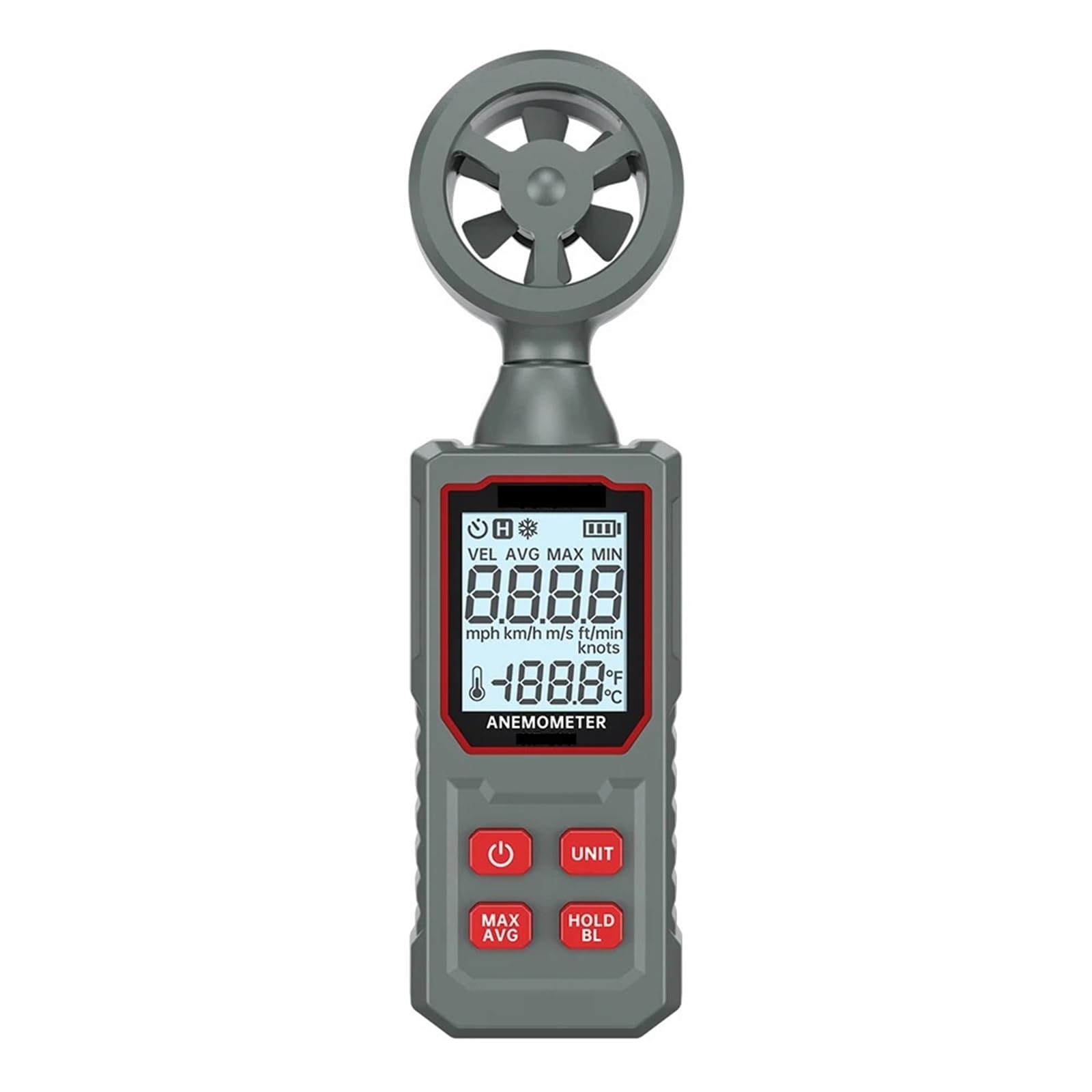 Wiatromierz, Przenośny cyfrowy anemometr, miniaturowy miernik prędkości wiatru, przepływu powietrza i temperatury z podświetleniem LCD
