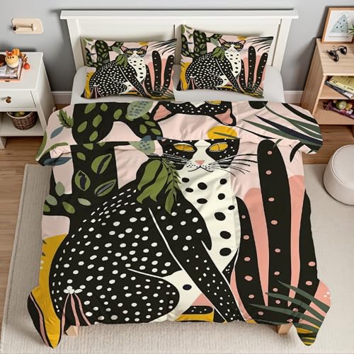 Housse de Couette 200x200 Chat Comique avec 2 Taies d'Oreiller