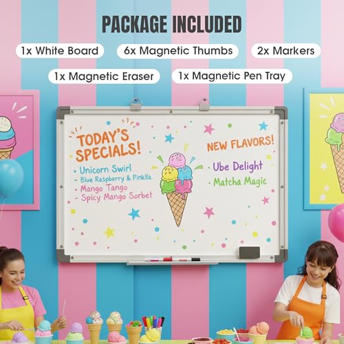 Yolay Magnetic Whiteboard, Large Whiteboard For Wall, Dry Wipe Board, Big White Board 90X60Cm For Office, Home & School With Aluminum Frame, Includes 2 Marker Pens, 6 Magnets & 1 Eraser - 8