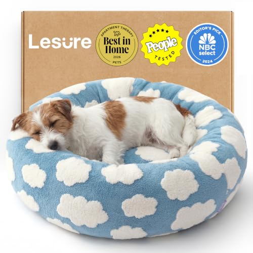Image of LE SURE Donut Small Dog Bed - Round Cat Beds for Indoor Cats as Gift, Cute Modern Home Decor Beds with Jacquard Shaggy Plush & Anti Slip Bottom, 27 Inch, Blue
