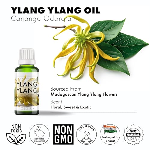 Image of Esslux Ylang-Ylang Essential Oil for Stress Relief and Hair Growth - 100% Pure Therapeutic Grade Aromatherapy Oil for Diffuser - 120 ML