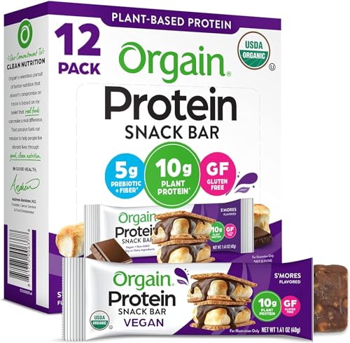 Orgain Organic Vegan Protein Bars, Smores - 10g Plant Based Protein, Low Calorie Healthy Snacks, No Lactose or Soy Ingredients, Gluten Free, Non-GMO - 1.41 Oz (Pack of 12)
