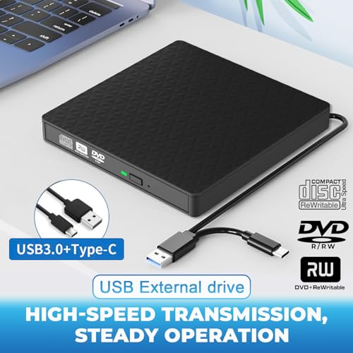 Externes DVD Laufwerk, USB 3.0 Type-C Extern DVD Brenner Extern CD Laufwerk für Laptop PC, Externe Optische Laufwerke +/-RW ROM, Externer CD/DVD Player für Windows 11/10/8/7/XP/Vista Linux MacOS