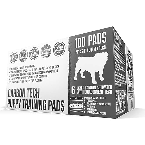 Image of Bulldoglogy Carbon Black Puppy Pee Pads with Adhesive Sticky Tape - Large Charcoal Housebreaking Dog Training Wee Pads (24x24) 6 Layers with Extra Quick Dry Bullsorbent Polymer Tech (100-Count)