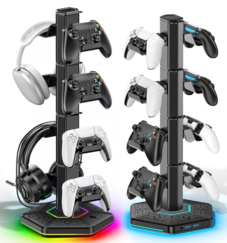 4 Niveles Soporte para Auriculares y Mando con RGB, Soporte para Cascos con 2 Puertos USB y Type-...