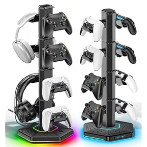 Kytok Headset And Controller RGB Stand for Xbox/ PS5/ PS4 Controller, Headphone & Remote Holder for Desk with 9 RGB Lights & 2 USB 3.0 Ports, Gaming Organizers & Storage Accessories for Gaming Gift