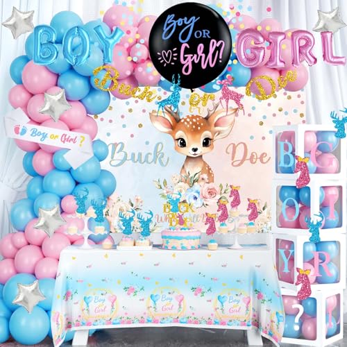 Fiesec Buck or Doe Gender Reveal Decorations, Baby Boy or Girl Gender Reveal Party Decorations, Deer Themed Backdrop Balloon Garland Glitter Banner Tablecloth Cake Cupcake Topper Box Sash Pink Blue
