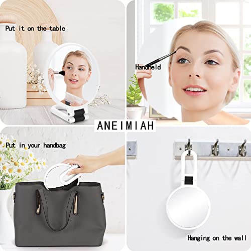 Aneimiah 1X 5X Travel Magnifying Makeup Vanity Mirror, Foldable Compact Mirrors For Women 360°Rotating Hand Held Cosmetic Mirror With Handle Double Side Desk Tabletop Vanity Round Mirror White #TOP2
