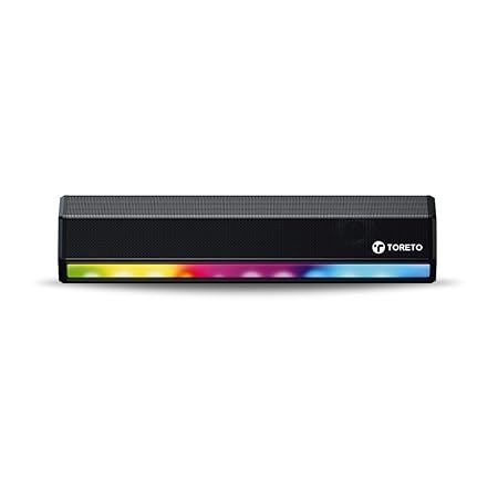 Toreto Beam Pro 16W Bluetooth Sound bar, 2000Mah Battery, 2.0 Channel with 52mm Drivers, Multicolor LED Lights with TWS, AUX, Bluetooth and USB, FM Radio (Platinum Black)
