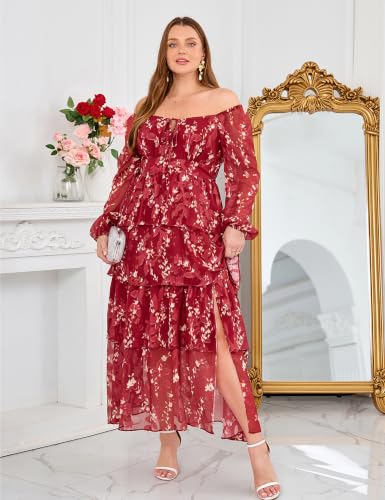 Image of EYWOL Plus Size Long Sleeve Floral Tiered Semi Formal Wedding Guest Dress | Chiffon Maxi, On or Off Shoulder, Flowy A-Line, Side Slit, Elastic Back Waist, Cocktail, Dinner Party, Engagement, Prom, Gala