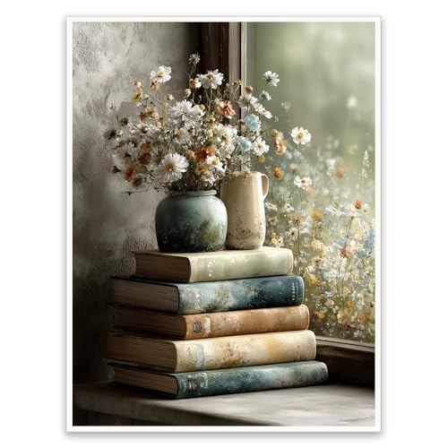 Wildflower Vase Books Canvas Wall Art, Vintage Floral Still Life