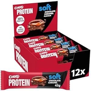 Corny Protein Soft- Barres protéinées au chocolat au lait et caramel, 30% protéines, 0% de sucres ajoutés, Pack de 12x45g, Taste the Power