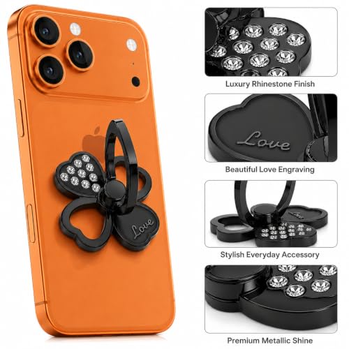 Image of Mizi 2Pack Clover Phone Ring Holder Stand, 360 Rotation & 180 Fold Finger Grip Kickstand, Strong 3M Adhesive, Bling Rhinestone Phone Ring for iPhone, Samsung & Most Smartphones - Black