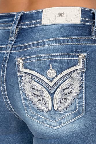 Miss Me Women's Mid Rise Bootcut Jeans, Faux Flap Pockets with Western White Wings, Boot Cut Stretch Denim Pants, Slim Fit4