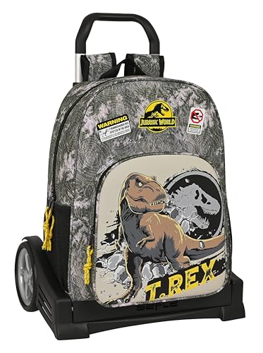 Safta JURASSIC WORLD WARNING - Mochila Escolar 180, Espalda Ergonómica, con Carro Evolution, Ideal para Niños de Diferentes Edades, Cómoda y Versátil, Calidad y Resistencia, 33x14x42 cm, Color Gris