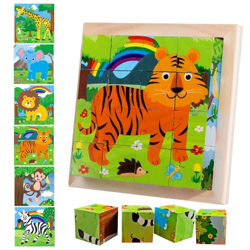 Wooden Jigsaw Puzzle for Toddlers, 6 in 1 Jungle Animal Puzzle Wooden...