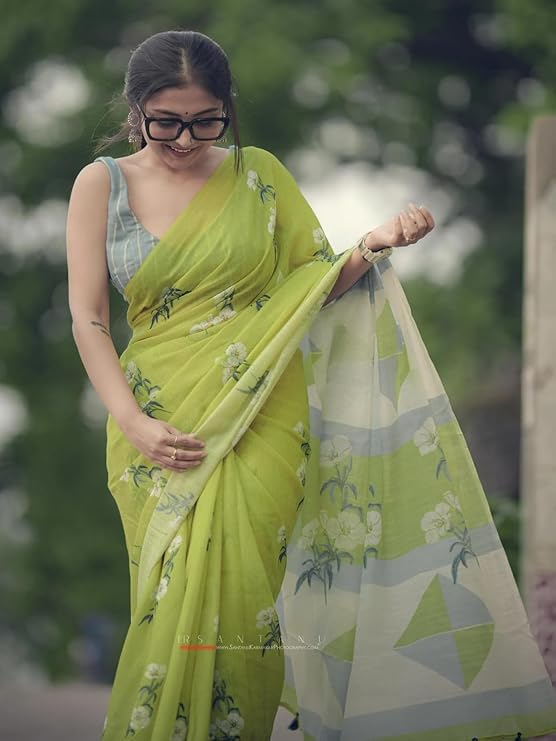 Image of RAJESHWAR FASHION WITH RF Women's Lime Green Floral Print Linen Cotton Saree with Contrast Pallu, Tassel Border, Traditional Summer Festive with Blouse Piece