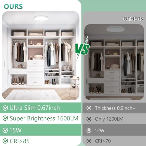 Brightever 7 Inch LED Flush Mount Ceiling Light Fixture, 15W 1600LM, Super Slim 0.67 Inch Small LED Ceiling Light, 5000K Daylight White Ceiling Lamps for Bedroom, Closet, Hallway, Non-Dimmable, 1 Pack - Image 4