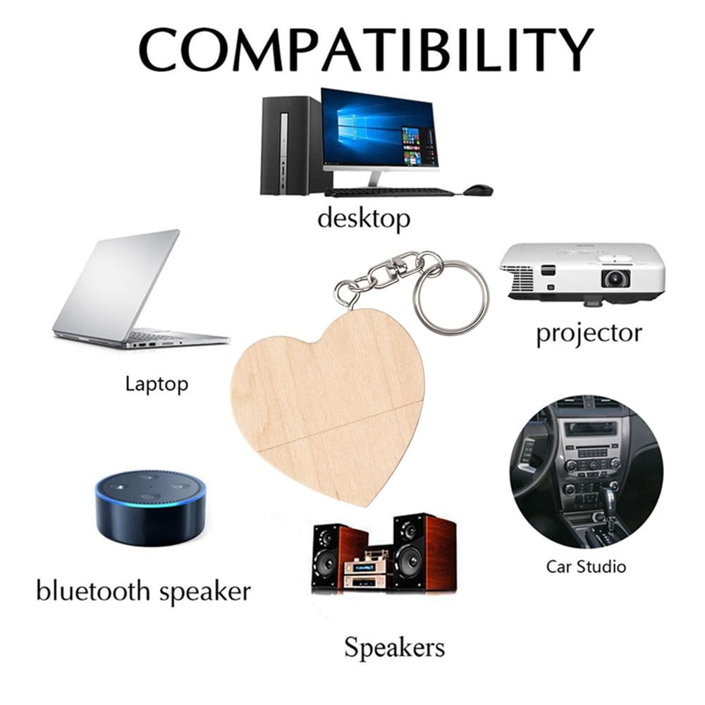 10 PZ chiavette USB 2.0 da 64GB Flash Drive memoria USB stick in legno a forma di cuore (2.0 64GB, Heart Shape-1)