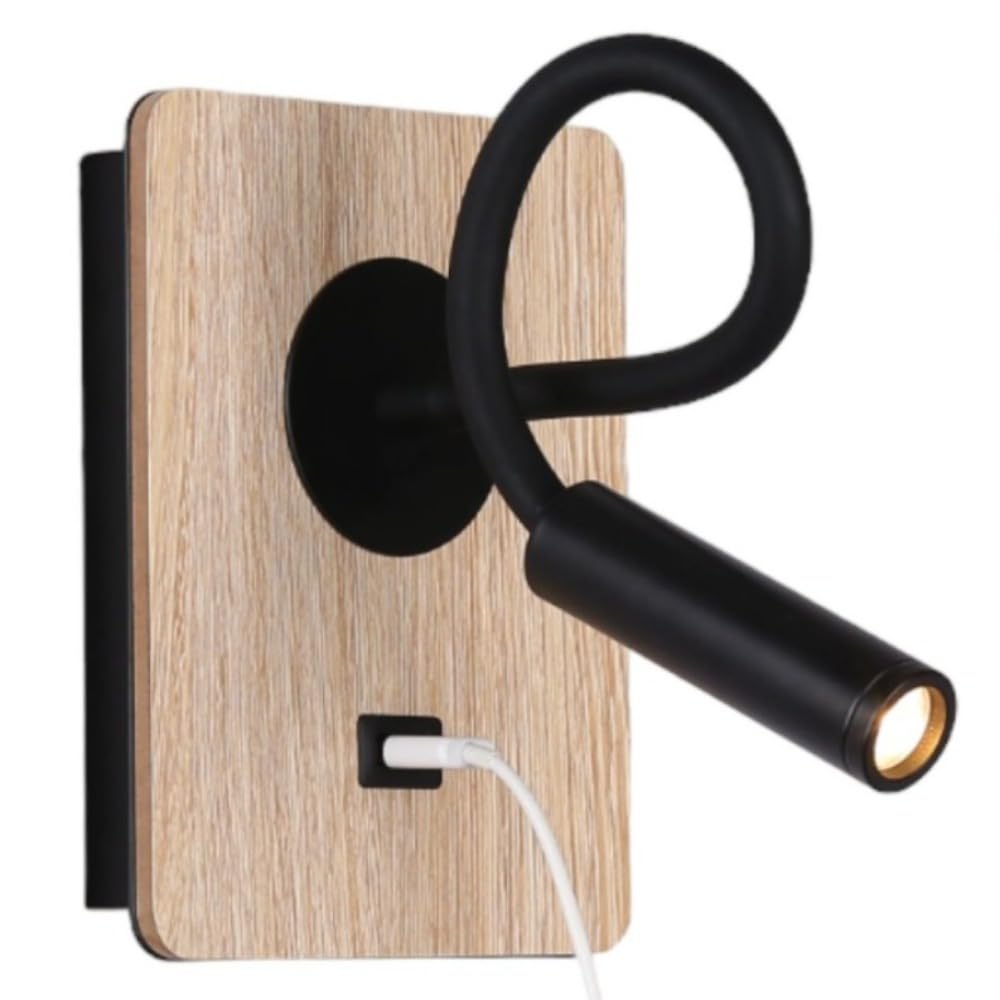 B·LED BARCELONA LED Wandleuchte aus Holz mit Schalter und Strahler, schwarz, flexibel, warmweißes Licht, USB-Ladeanschluss zum Lesen, Bett, Nachttisch, Hotel