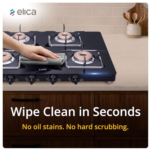 Image of Elica Slimmest 4 Burner Gas Stove | Ultra Slim Frame | Forged Brass Burners | Toughened Glass Top | 7 Year Warranty on Glass & 5 Year Warranty on Burners | 694 CT VETRO (SLIMLINE SPF 2J) | Black