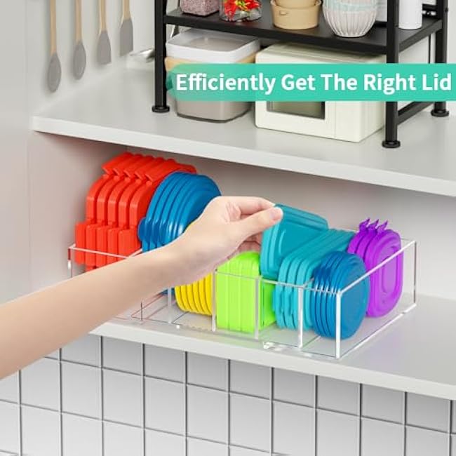 Expandable Lid Storage Organizer: Kitchen Food Container Lids Organizer for Cabinet - Acrylic Extra Large 10-18 Food Storage Container Holder for Cabinets Cupboards Pantry Drawer