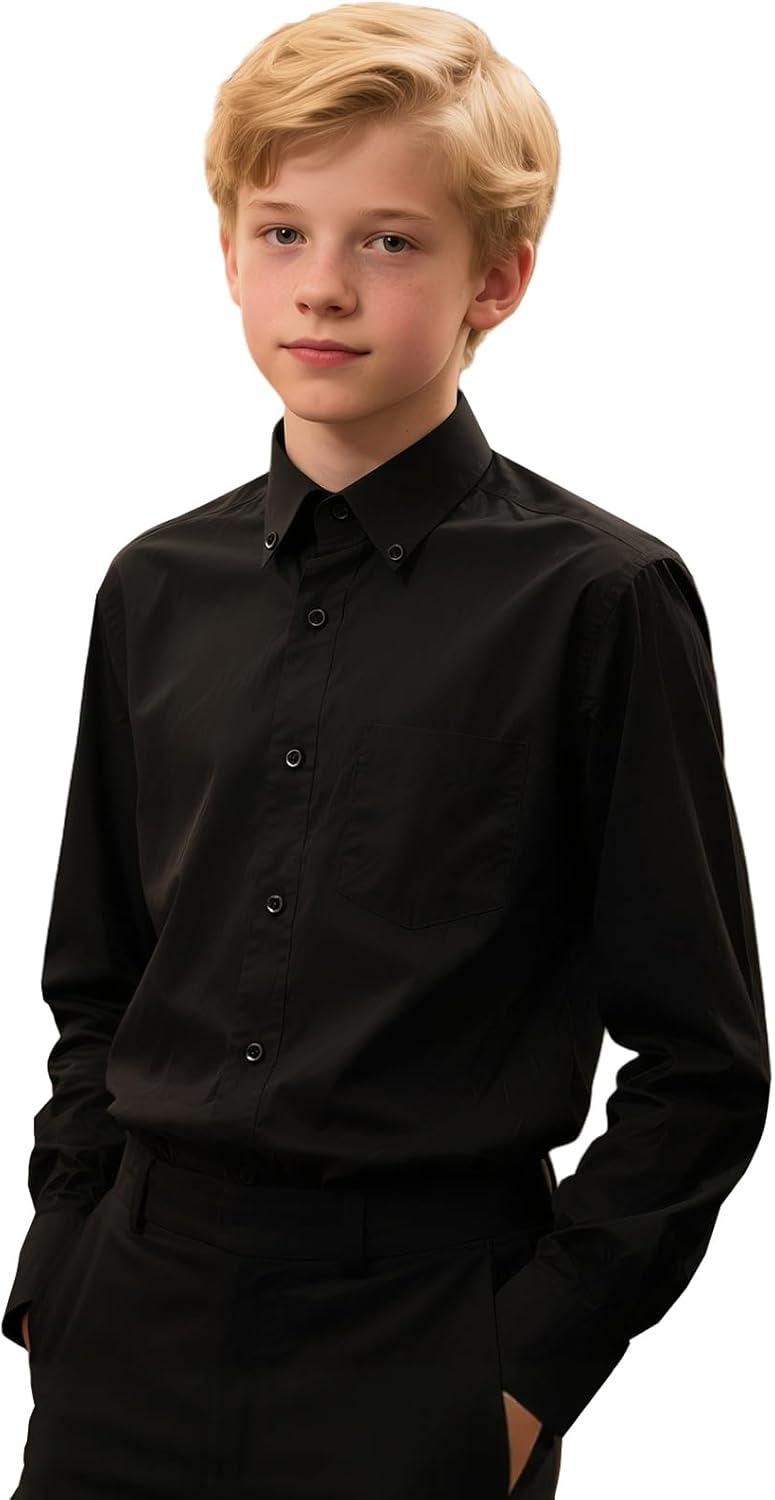 A&J DESIGN Boys Button Down Long Sleeve Dress Shirt Kids Formal Easter Uniform Solid Collared Shirt with Chest Pocket - Image 2
