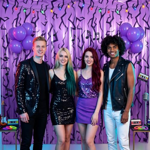 Image of TONIFUL 2Pcs Purple Lightning Bolt Print Metallic Foil Fringe Curtains | 3.3ftx6.6ft Photo Booth Backdrop Door Streamer for Baby Shower Bachelorette Rock Music Themed Birthday Party Decorations