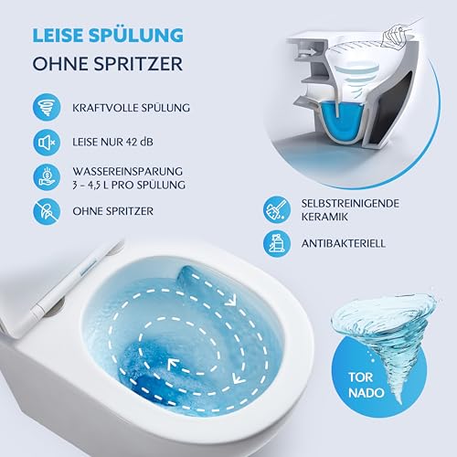 HOGART Wand WC mit Soft-Close Toilettensitz und Leistungsstarkem Spülrandlos Tornado Spülsystem, Hänge WC mit Komplett Abgedichteter Unterer Teil, Leises und Sparsames Spülsystem 3–4,5 l.