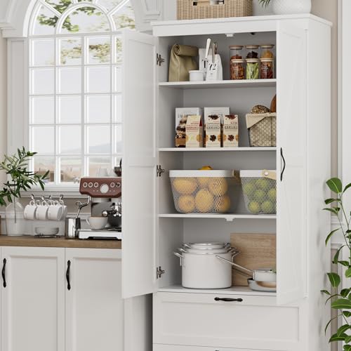 70 Tall Modern Farmhouse Pantry Storage Cabinet with Barn Doors and Adjustable Shelves – White
