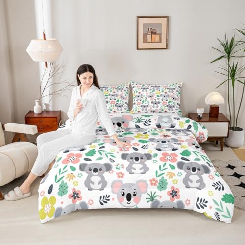 Image of Feelyou Cute Koala Bear Comforter Set Queen Size, Cartoon Koala Comforter Botanical Leaves and Flowers Comforter Set for Kids Kawaii Animals Duvet Set Microfiber Quilt Set